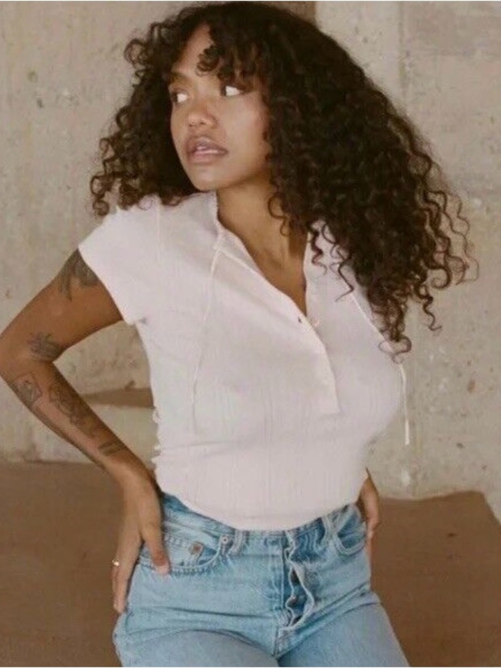Doen Pointelle Ribbed Henley Tee